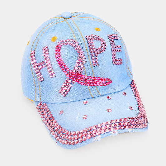 HATEGORY Bling "Hope" Pink Ribbon Denim Baseball Cap