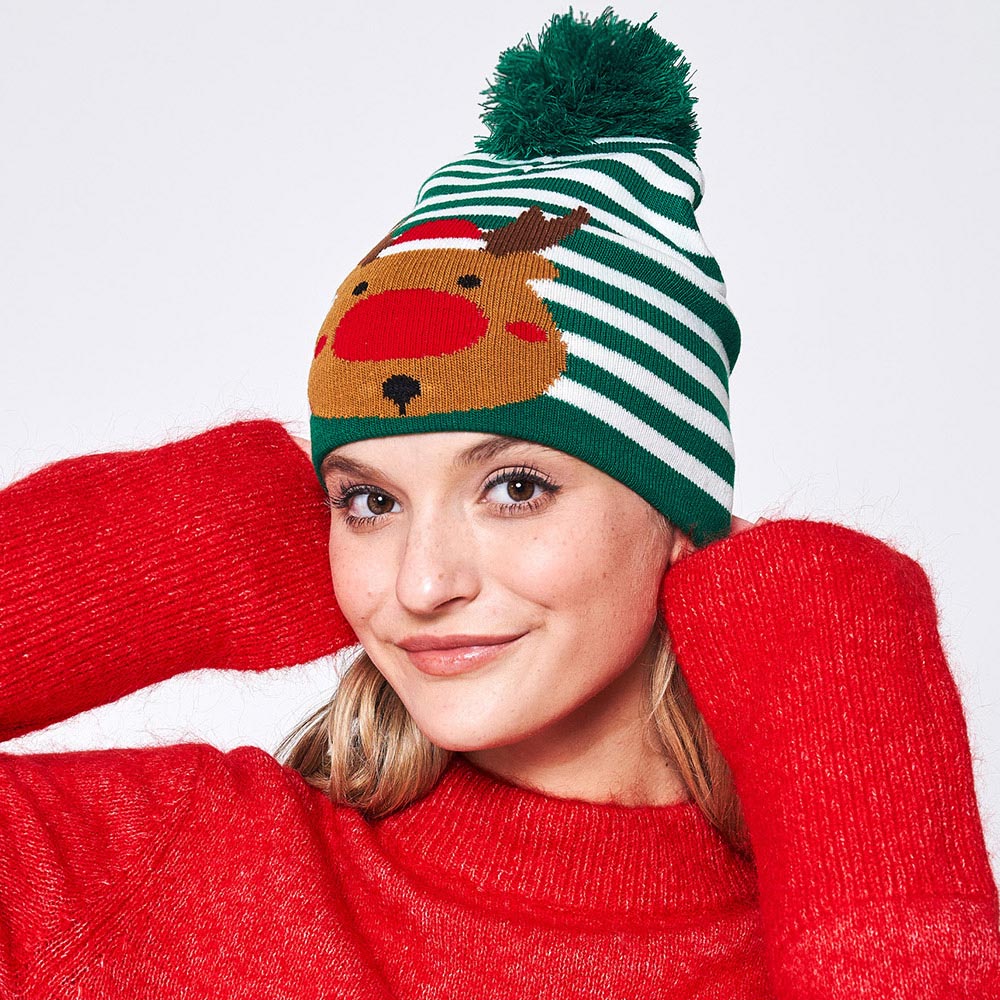 HATEGORY Striped Rudolph Pom Pom Beanie Hat