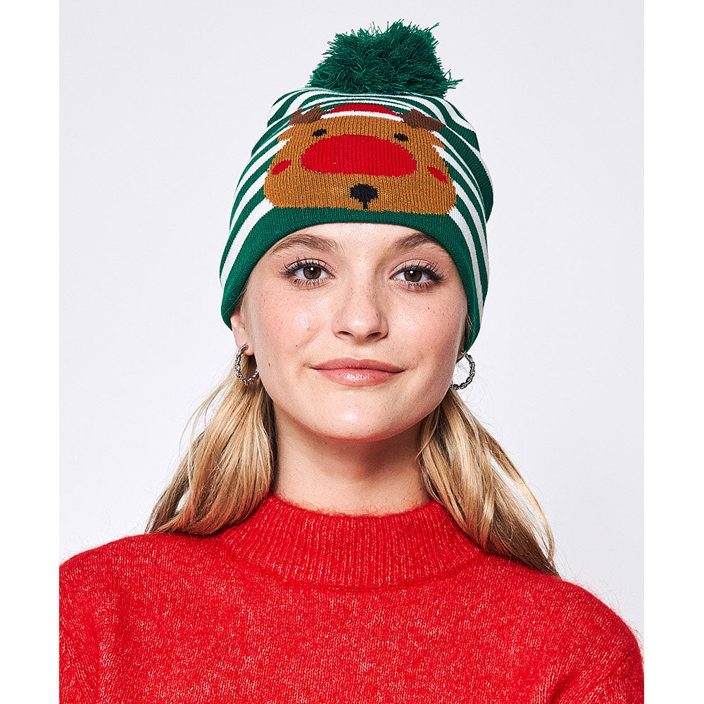 HATEGORY Striped Rudolph Pom Pom Beanie Hat