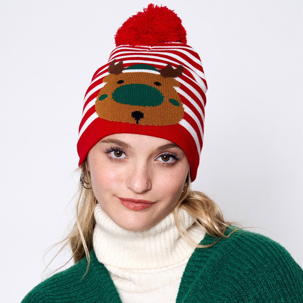 HATEGORY Striped Rudolph Pom Pom Beanie Hat