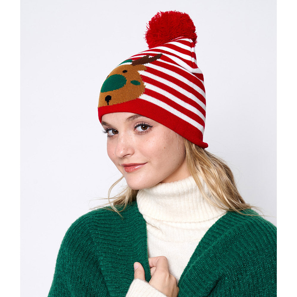 HATEGORY Striped Rudolph Pom Pom Beanie Hat