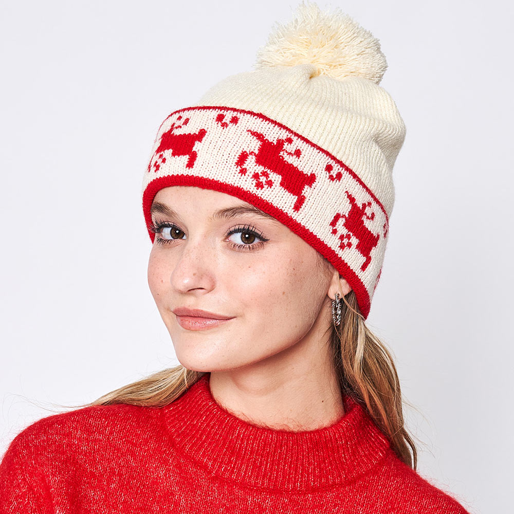 HATEGORY Reindeer Holiday Pom Pom Beanie Hat