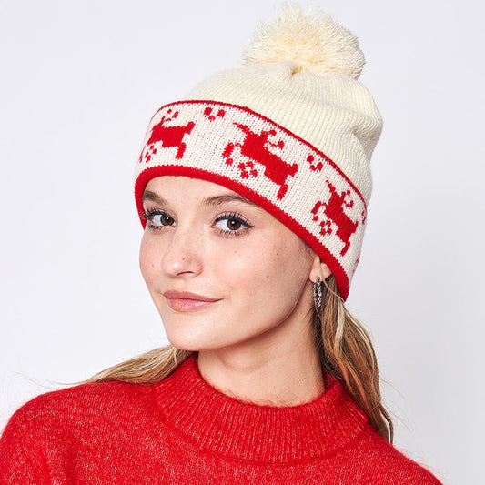 HATEGORY Reindeer Holiday Pom Pom Beanie Hat