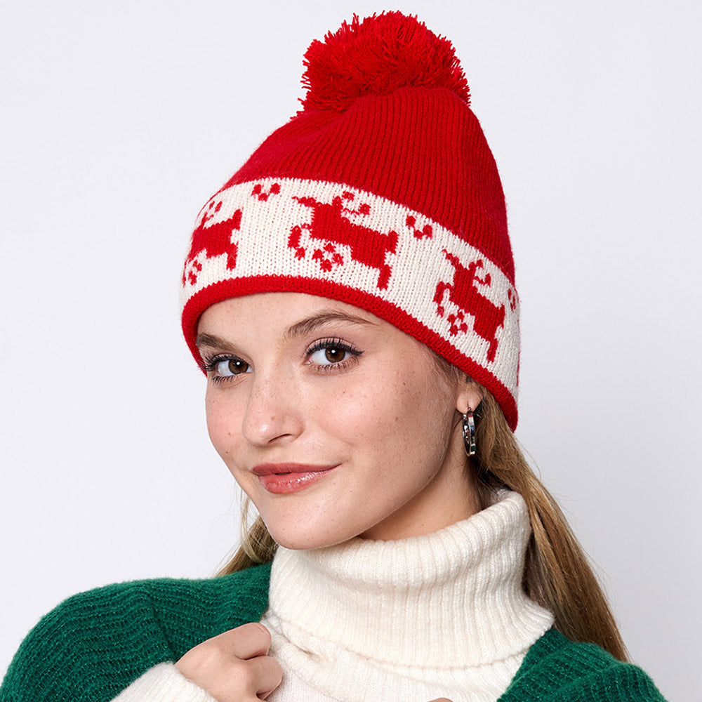 HATEGORY Reindeer Holiday Pom Pom Beanie Hat