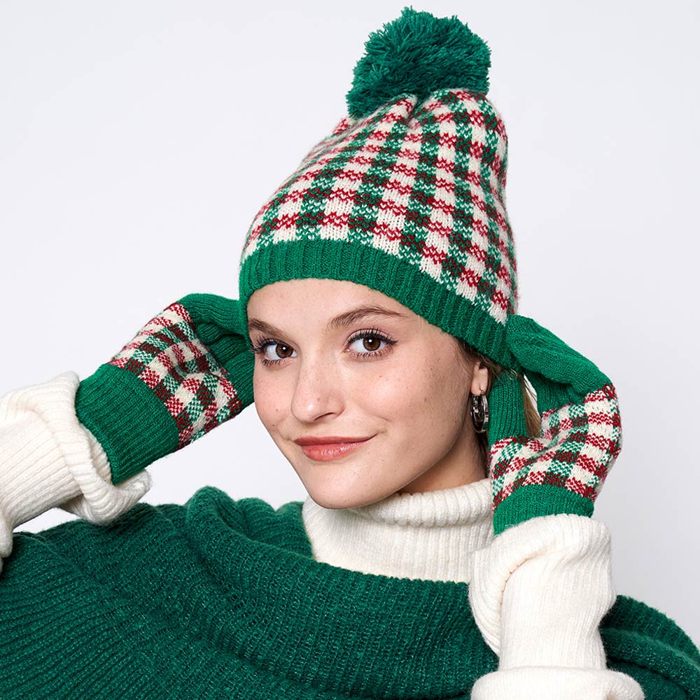 HATEGORY Check Patterned Pom Pom Beanie Hat