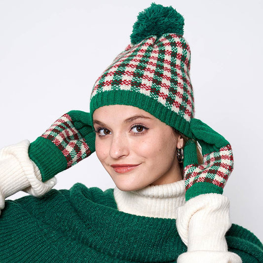 HATEGORY Check Patterned Pom Pom Beanie Hat