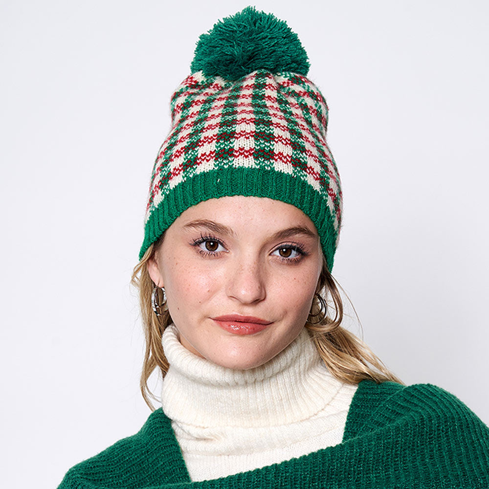 HATEGORY Check Patterned Pom Pom Beanie Hat