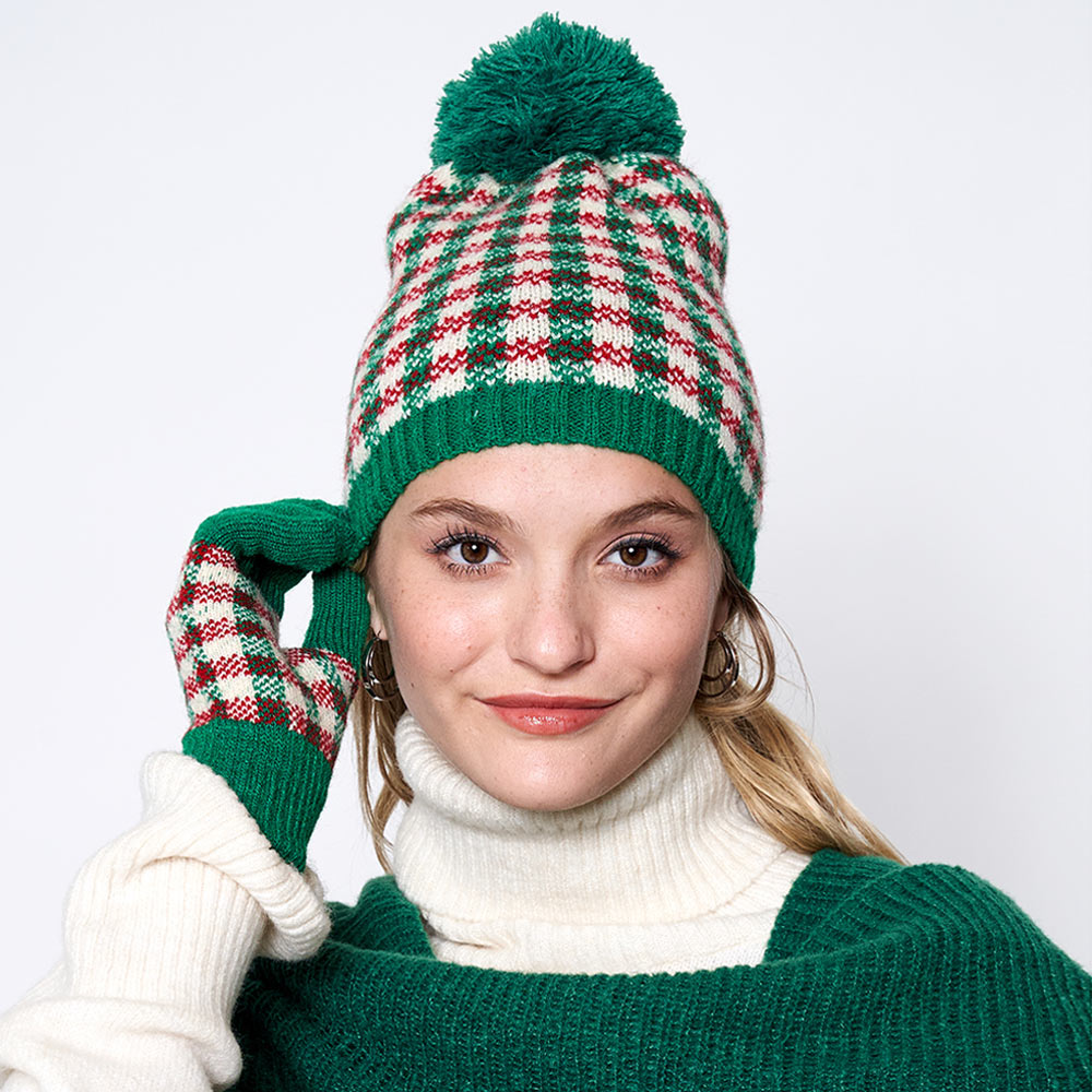 HATEGORY Check Patterned Pom Pom Beanie Hat