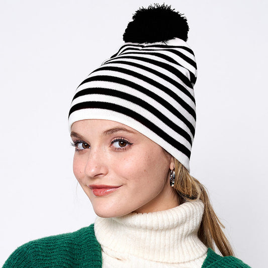 HATEGORY Two Tone Striped Pom Pom Beanie Hat