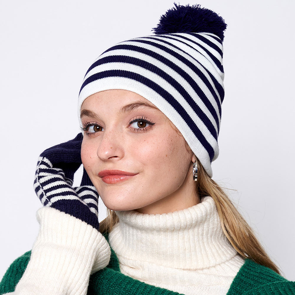 HATEGORY Two Tone Striped Pom Pom Beanie Hat