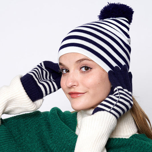 HATEGORY Two Tone Striped Pom Pom Beanie Hat