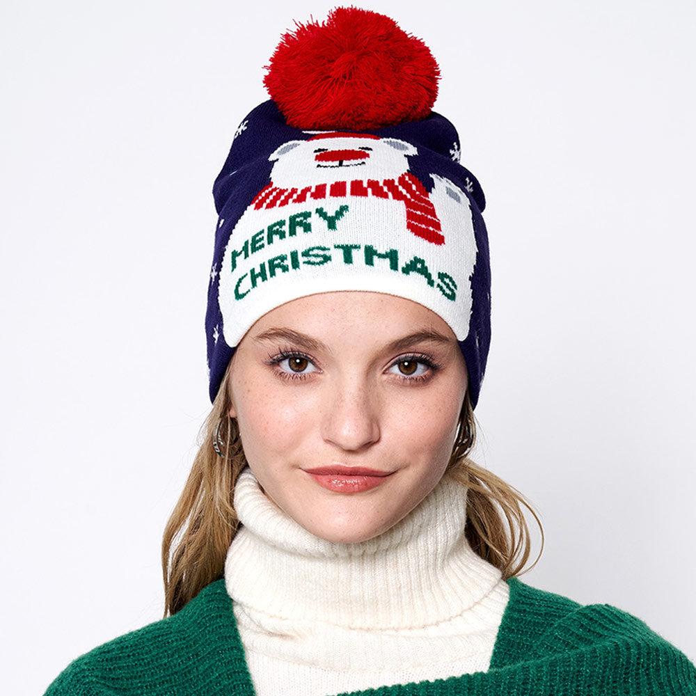 HATEGORY Merry Christmas Message Polar Bear Pom Pom Beanie Hat
