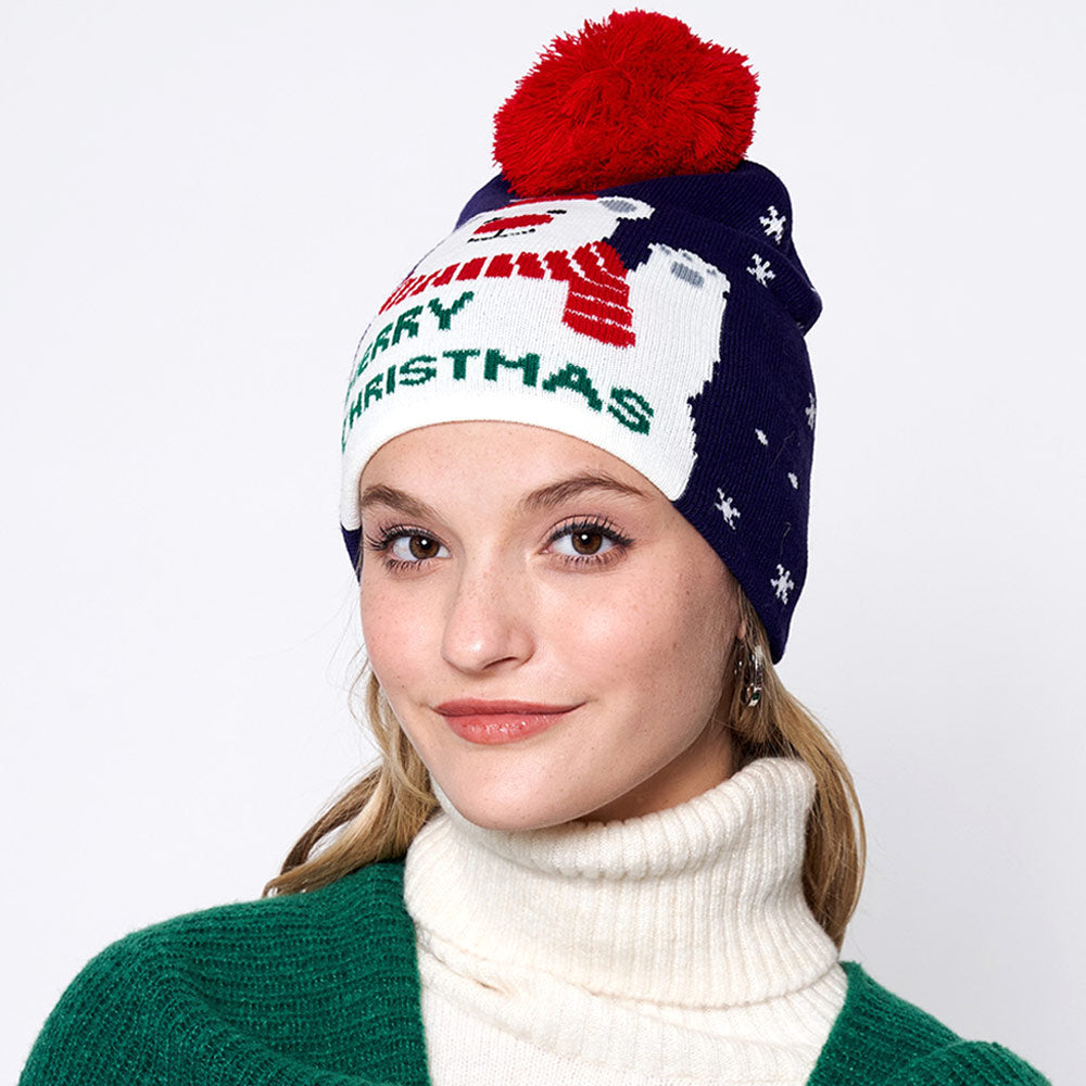 HATEGORY Merry Christmas Message Polar Bear Pom Pom Beanie Hat