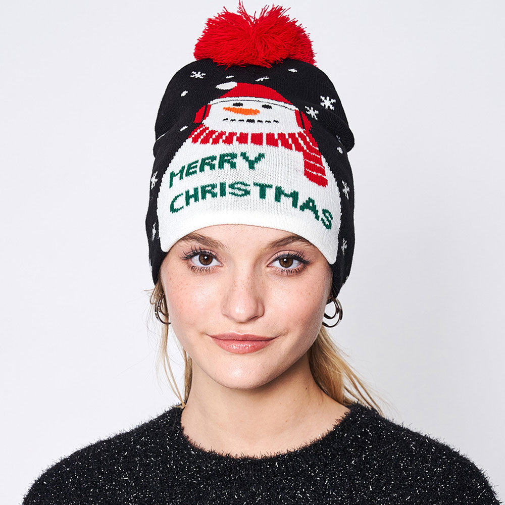 HATEGORY Merry Christmas Message Snowman Pom Pom Beanie Hat
