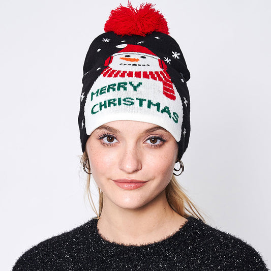 HATEGORY Merry Christmas Message Snowman Pom Pom Beanie Hat