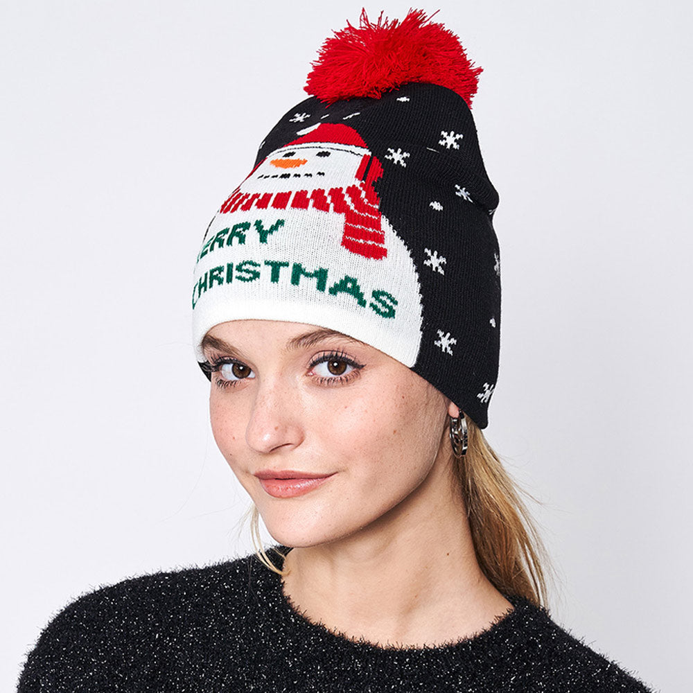HATEGORY Merry Christmas Message Snowman Pom Pom Beanie Hat
