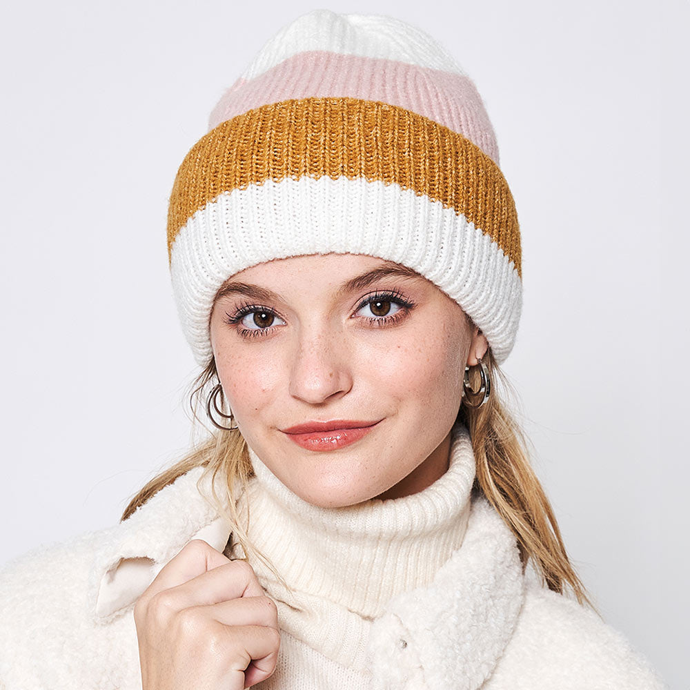 HATEGORY Striped Ribbed Beanie Hat