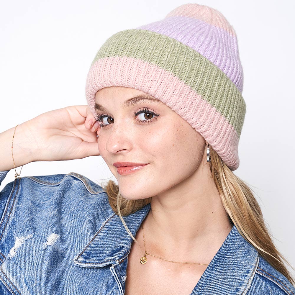 HATEGORY Striped Ribbed Beanie Hat
