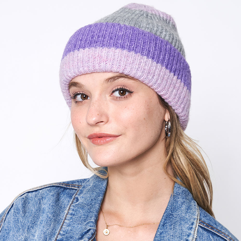 HATEGORY Striped Ribbed Beanie Hat