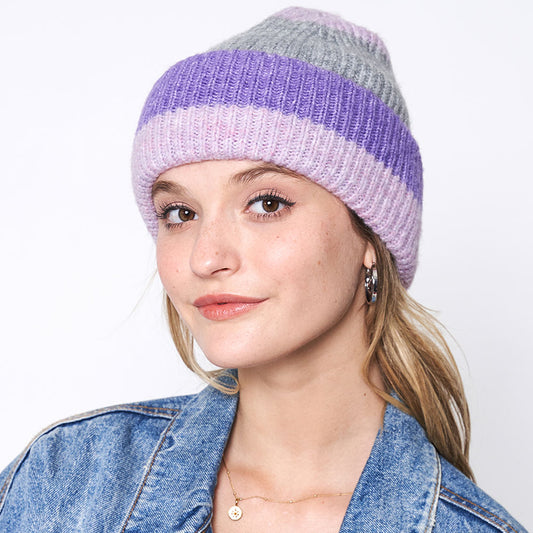 HATEGORY Striped Ribbed Beanie Hat
