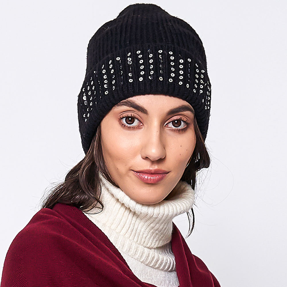 HATEGORY Solid Ribbed Sequin Cuff Beanie Hat