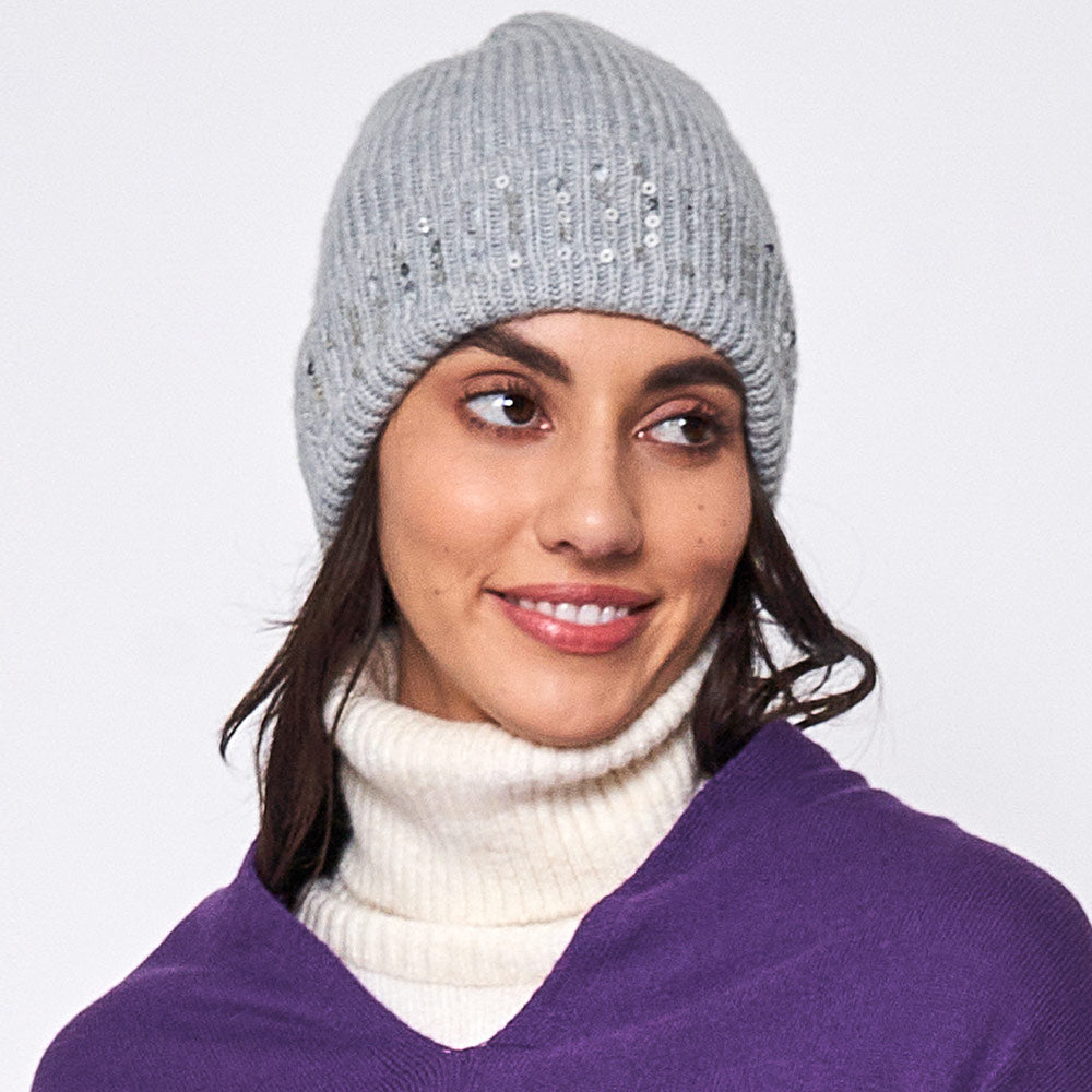 HATEGORY Solid Ribbed Sequin Cuff Beanie Hat