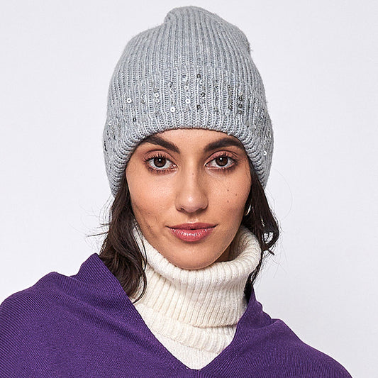 HATEGORY Solid Ribbed Sequin Cuff Beanie Hat