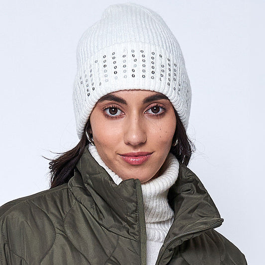 HATEGORY Solid Ribbed Sequin Cuff Beanie Hat
