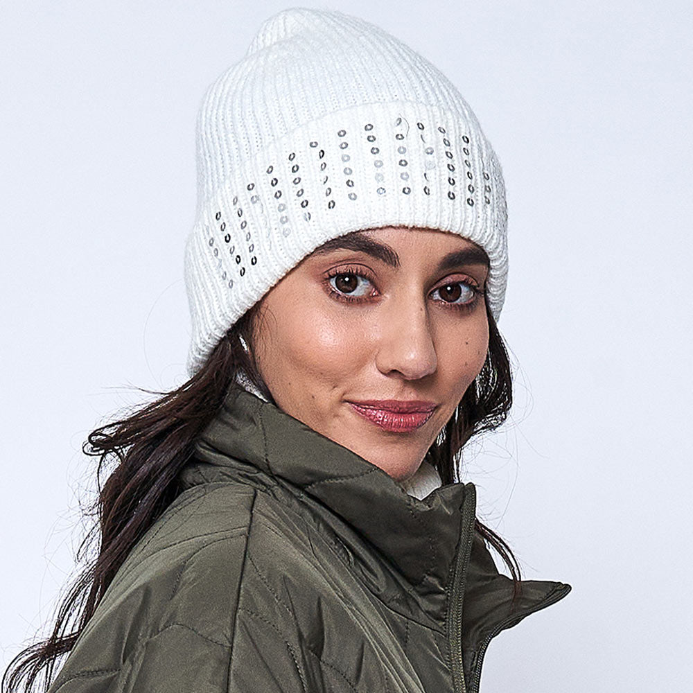 HATEGORY Solid Ribbed Sequin Cuff Beanie Hat