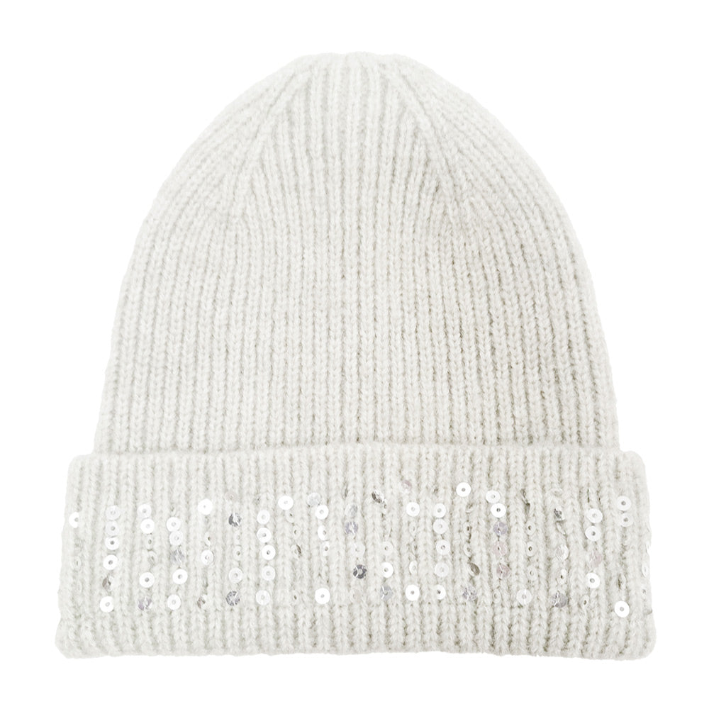 HATEGORY Solid Ribbed Sequin Cuff Beanie Hat