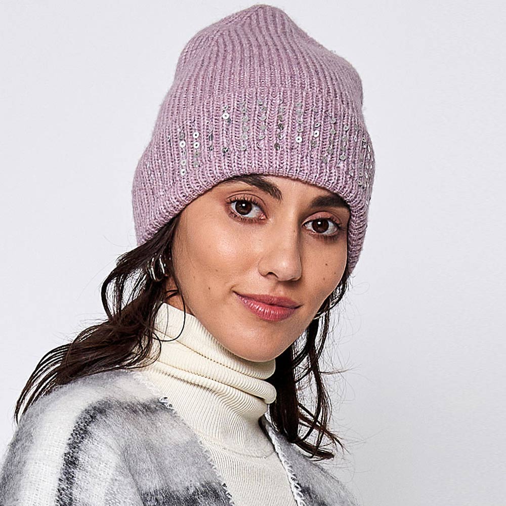HATEGORY Solid Ribbed Sequin Cuff Beanie Hat