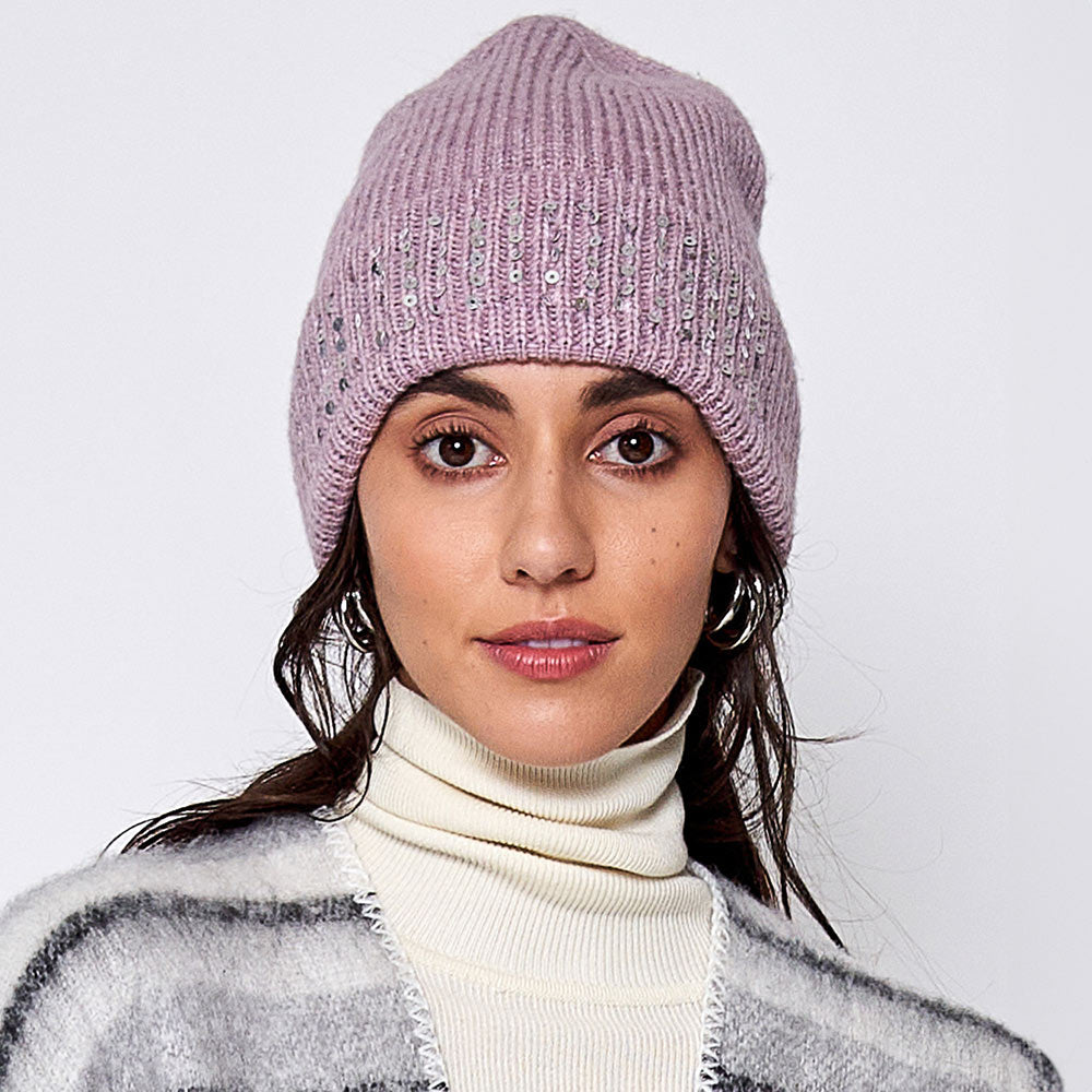 HATEGORY Solid Ribbed Sequin Cuff Beanie Hat