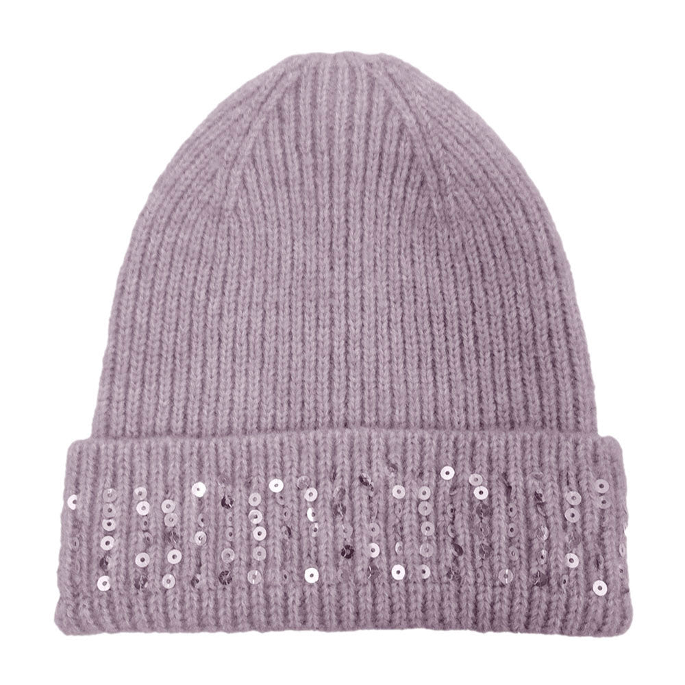 HATEGORY Solid Ribbed Sequin Cuff Beanie Hat