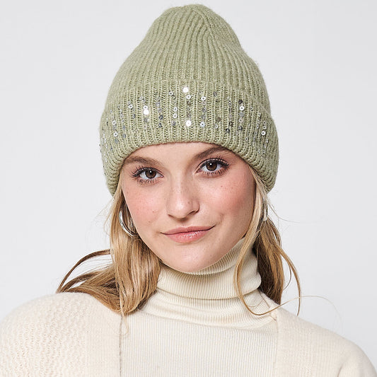 HATEGORY Solid Ribbed Sequin Cuff Beanie Hat