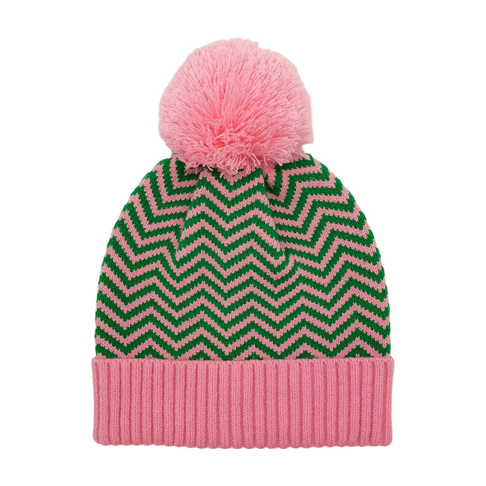 HATEGORY Zigzag Chevron Patterned Pom Pom Beanie Hat