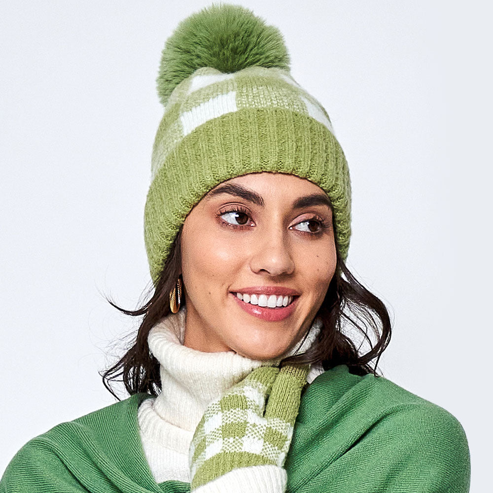 HATEGORY Buffalo Check Patterned Faux Fur Pom Pom Beanie Hat