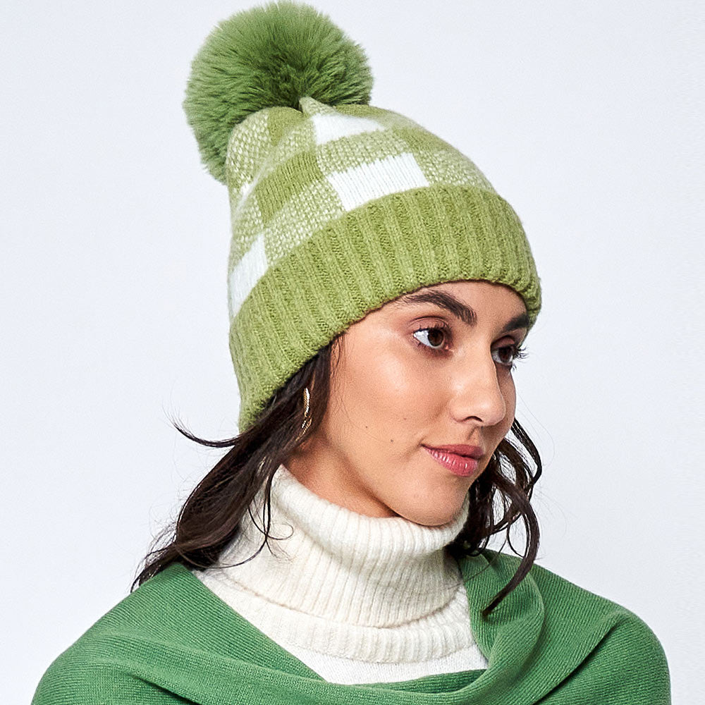 HATEGORY Buffalo Check Patterned Faux Fur Pom Pom Beanie Hat