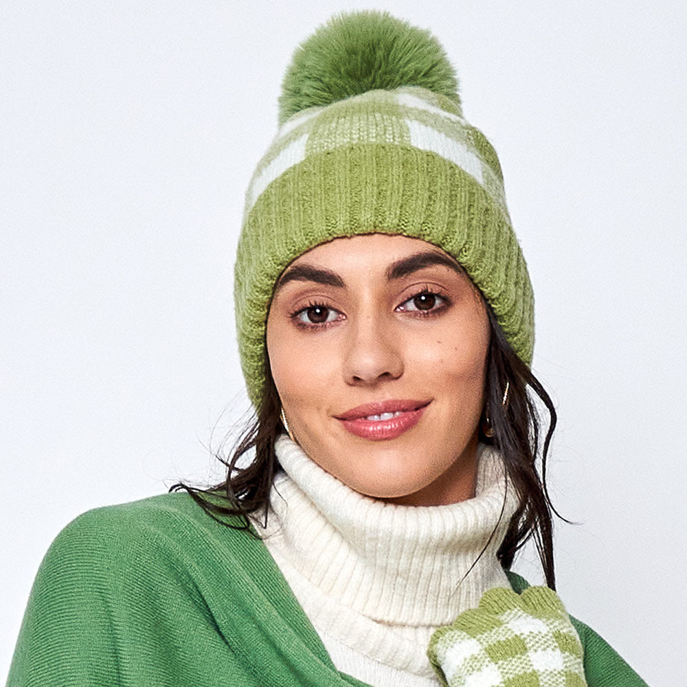 HATEGORY Buffalo Check Patterned Faux Fur Pom Pom Beanie Hat
