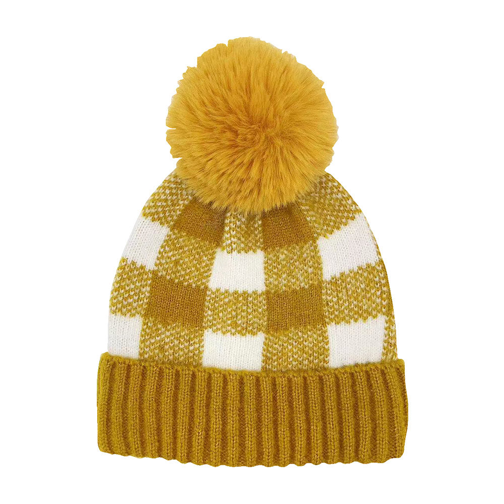 HATEGORY Buffalo Check Patterned Faux Fur Pom Pom Beanie Hat