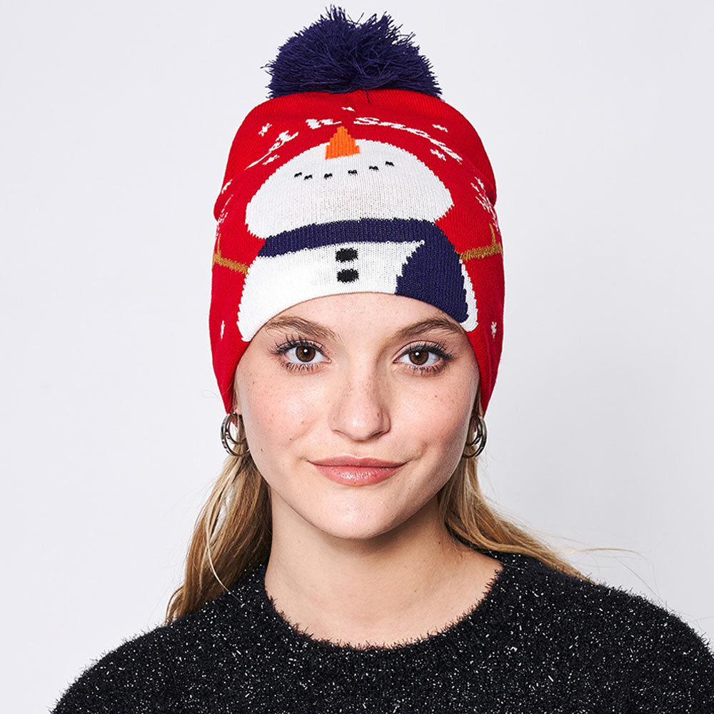HATEGORY Let It Snow Message Snowman Snowflake Pom Pom Beanie Hat