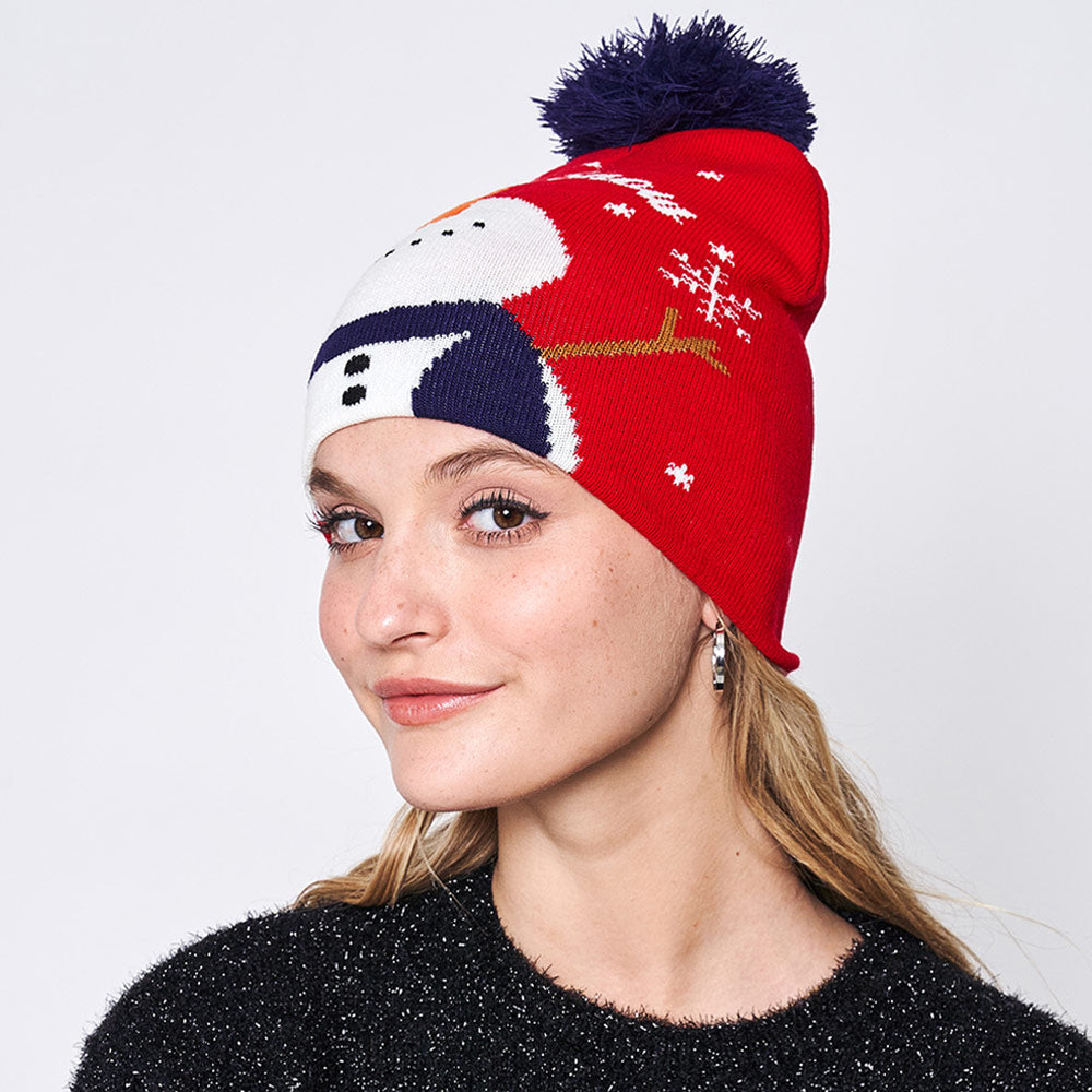 HATEGORY Let It Snow Message Snowman Snowflake Pom Pom Beanie Hat