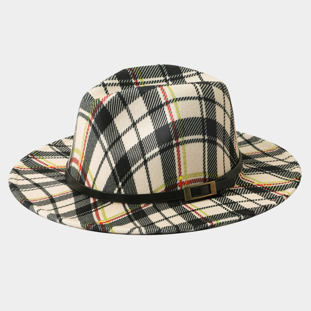 HATEGORY Belt Band Accented Plaid Check Patterned Fedora Hat