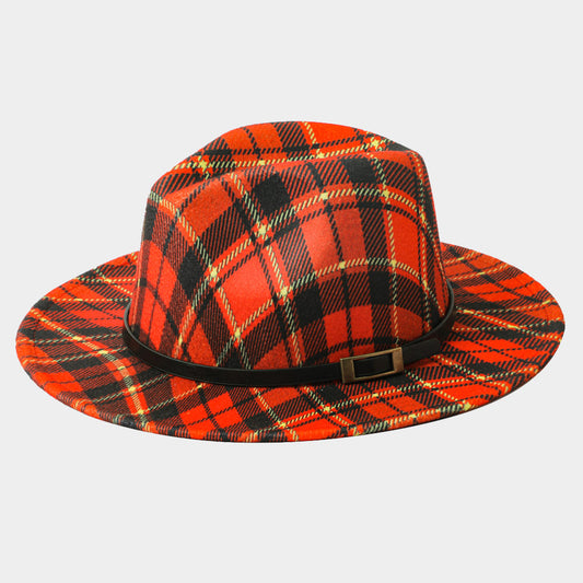 HATEGORY Belt Band Accented Plaid Check Patterned Fedora Hat