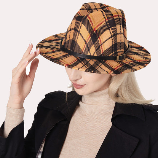 HATEGORY Plaid Check Patterned Faux Leather Band Fedora Hat
