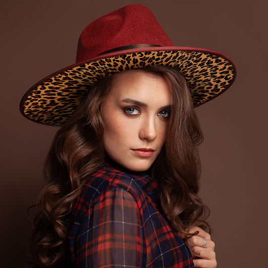 HATEGORY Belt Band Accented Leopard Print Inside Solid Panama Hat