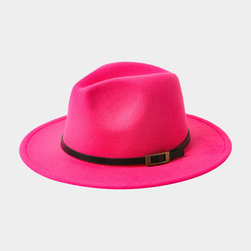 HATEGORY Belt Band Accented Leopard Print Inside Solid Fedora Hat