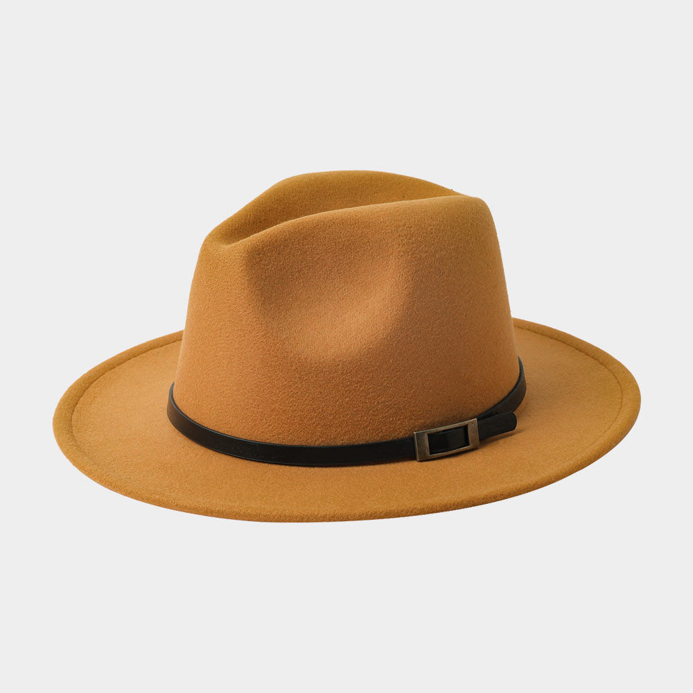 HATEGORY Belt Band Accented Leopard Print Inside Solid Fedora Hat
