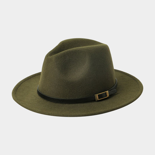 HATEGORY Belt Band Accented Leopard Print Inside Solid Fedora Hat
