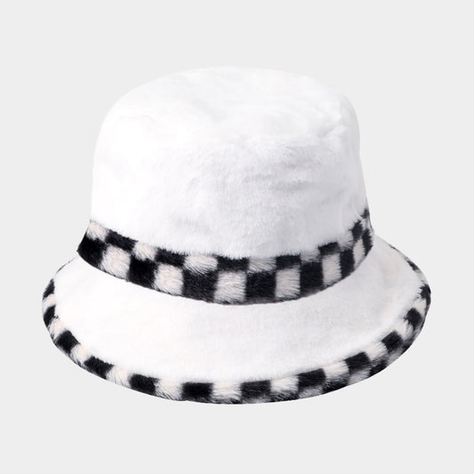 HATEGORY Check Pattern Detailed Faux Fur Bucket Hat