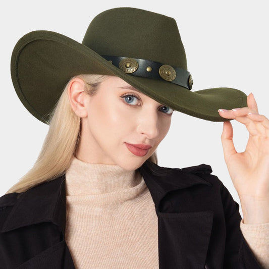 HATEGORY Faux Leather Band Solid Cowboy Hat